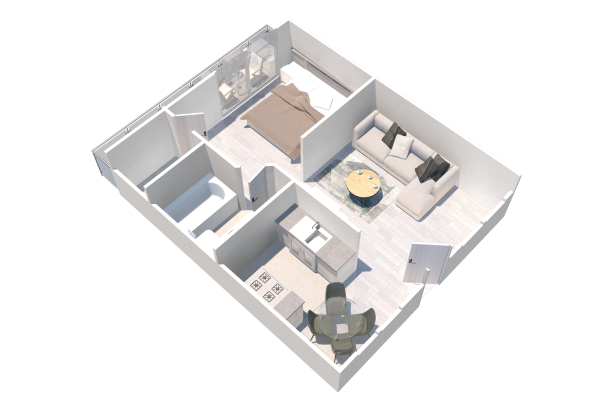 Floor plan for 1 bed, 1 bath, 645 sqft